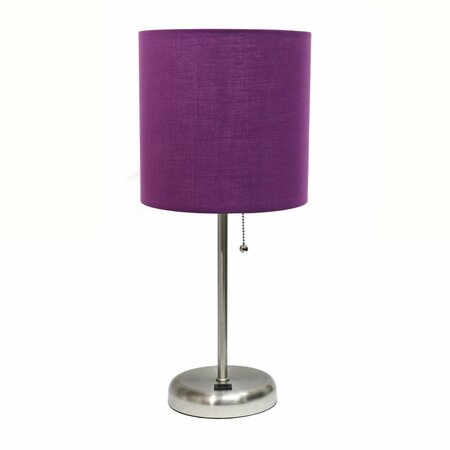 CREEKWOOD HOME Oslo 19.5in Contemporary USB Port Feature Metal Table Lamp, Brushed Steel, Purple Drum Fabric Shade CWT-2012-PR